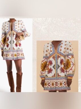 Farm Rio Off-White Bright Multi Tile Print Lightweight Long Sleeve Mini Dress: M
